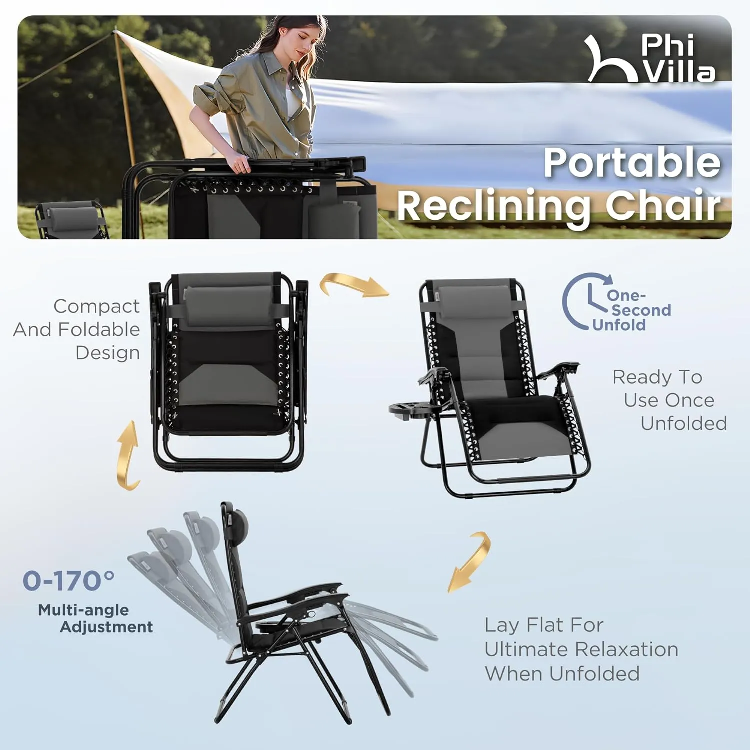 PHI VILLA XXL Oversized Padded Zero Gravity Chair, Foldable Patio Recliner, 28" Wide Seat Anti Gravity Lounger with Cup Holder, Set of 2, Support 400 LBS (Grey Black)