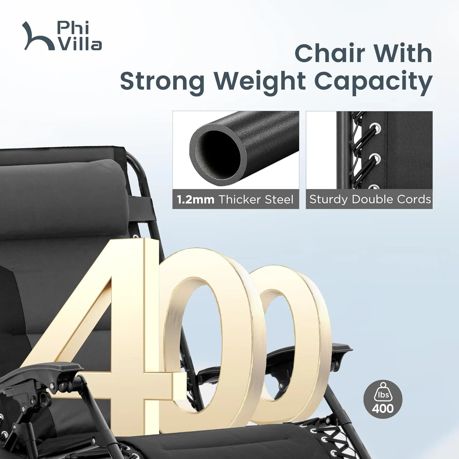PHI VILLA XXL Oversized Padded Zero Gravity Chair, Foldable Patio Recliner, 28" Wide Seat Anti Gravity Lounger with Cup Holder, Set of 2, Support 400 LBS (Grey Black)