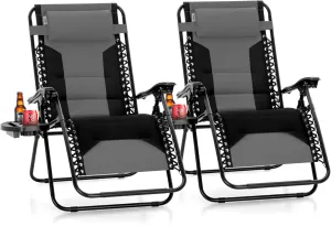 PHI VILLA XXL Oversized Padded Zero Gravity Chair, Foldable Patio Recliner, 28" Wide Seat Anti Gravity Lounger with Cup Holder, Set of 2, Support 400 LBS (Grey Black)