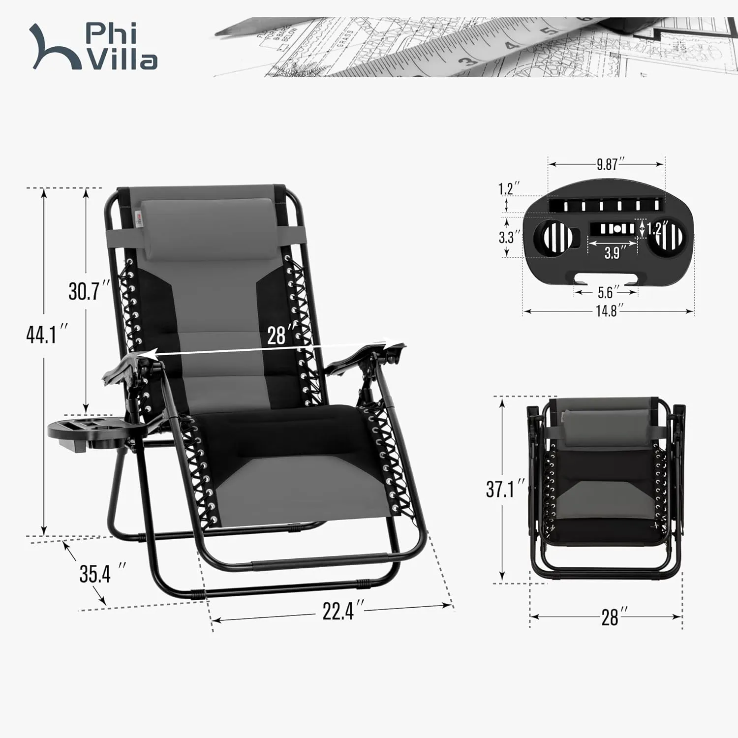 PHI VILLA XXL Oversized Padded Zero Gravity Chair, Foldable Patio Recliner, 28" Wide Seat Anti Gravity Lounger with Cup Holder, Set of 2, Support 400 LBS (Grey Black)