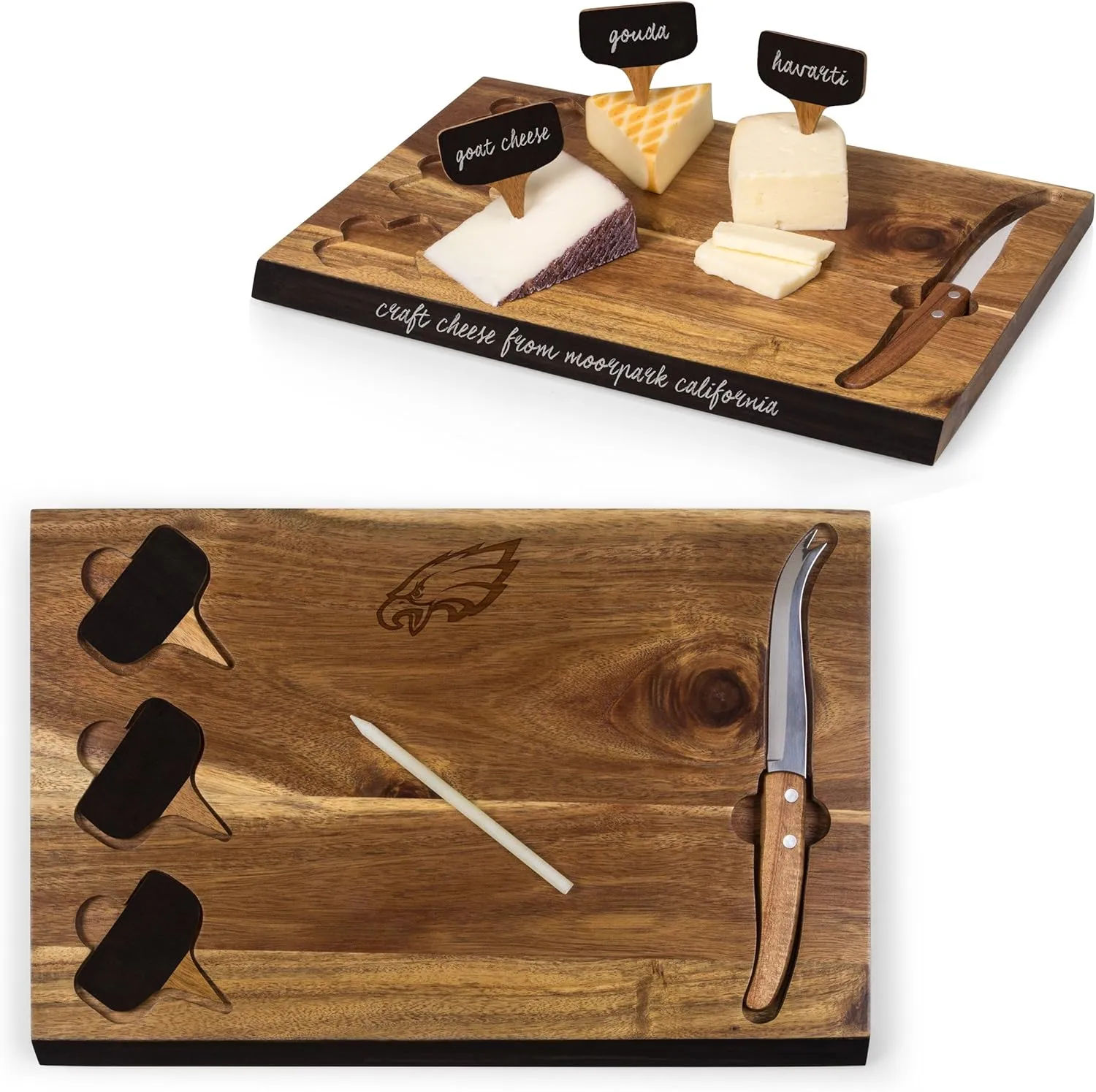 PICNIC TIME NFL Delio Cheese Board and Knife Set - Charcuterie Board Set - Acacia Wood Cutting Board with Cheese Knife and Markers
