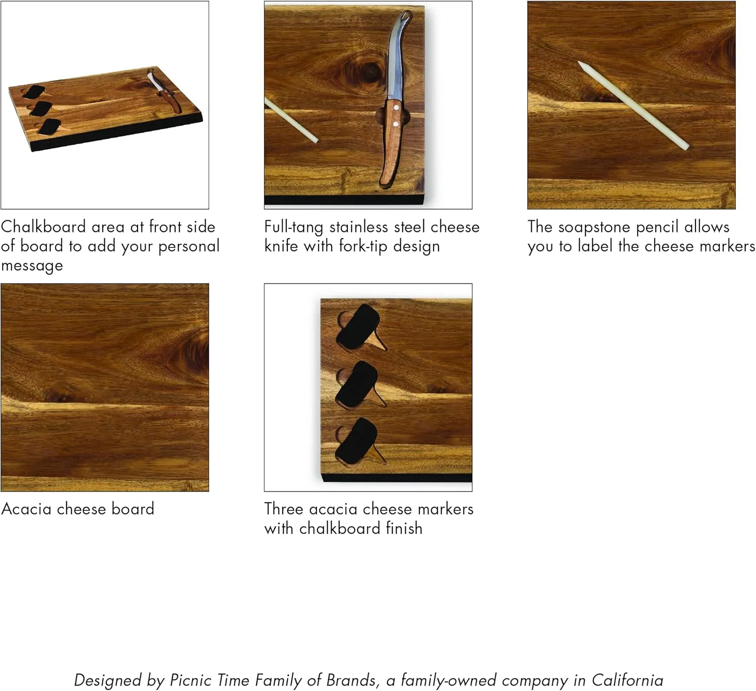 PICNIC TIME NFL Delio Cheese Board and Knife Set - Charcuterie Board Set - Acacia Wood Cutting Board with Cheese Knife and Markers