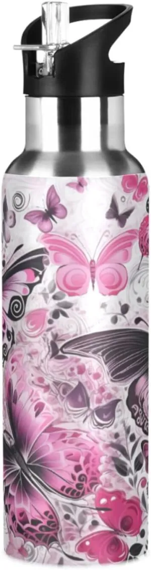 Pink Butterfly Pattern Sport Water Bottle Insulated Stainless Steel Large Vacuum Flask Leak Proof Thermos with Straw for Travel(600ml/1000ml)