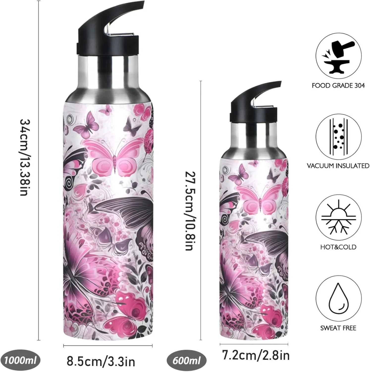 Pink Butterfly Pattern Sport Water Bottle Insulated Stainless Steel Large Vacuum Flask Leak Proof Thermos with Straw for Travel(600ml/1000ml)