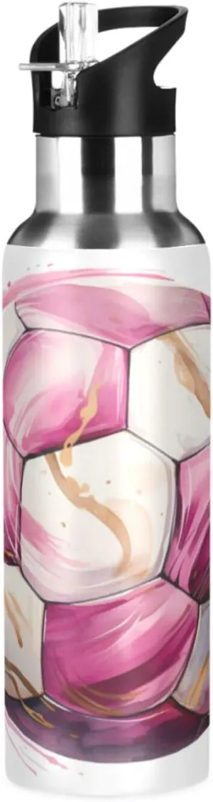 Pink Cool Football Sport Water Bottle Insulated Stainless Steel Large Vacuum Flask Leak Proof Thermos with Straw for Travel(600ml/1000ml)