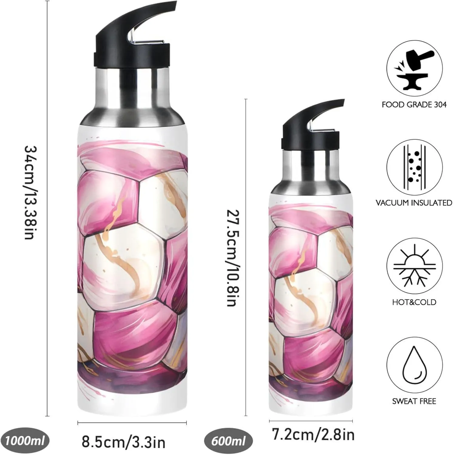 Pink Cool Football Sport Water Bottle Insulated Stainless Steel Large Vacuum Flask Leak Proof Thermos with Straw for Travel(600ml/1000ml)