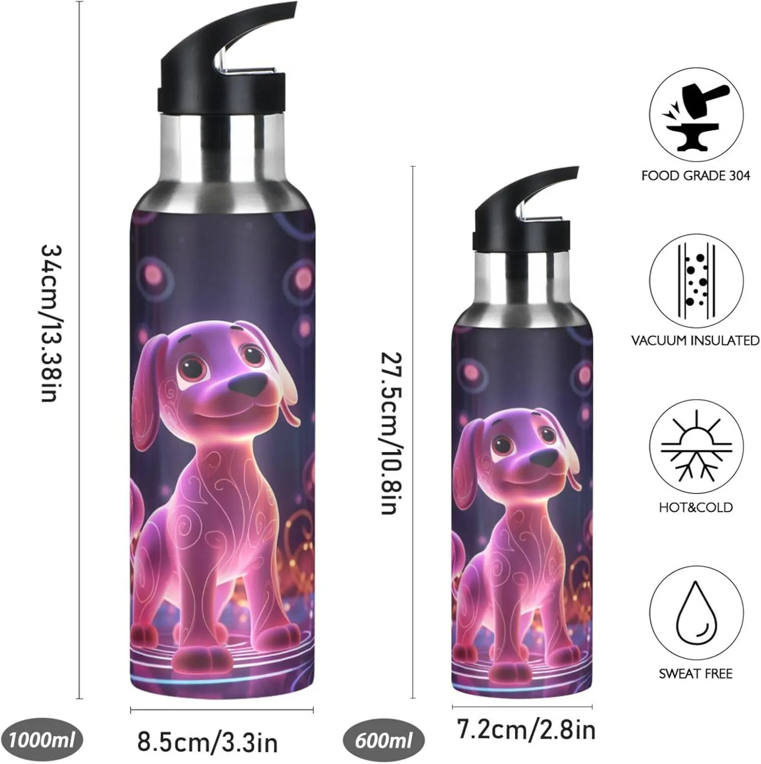 Pink Light Cool Art Dog Sport Water Bottle Insulated Stainless Steel Large Vacuum Flask Leak Proof Thermos with Straw for Travel(600ml/1000ml)