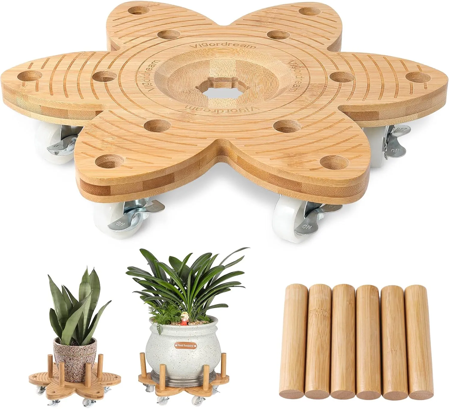 Plant Caddy with Wheels 14" Heavy Duty Plant Rollers for Flower Pot, Bamboo Planter Dolly Holder Lockable Casters for Indoor Outdoor
