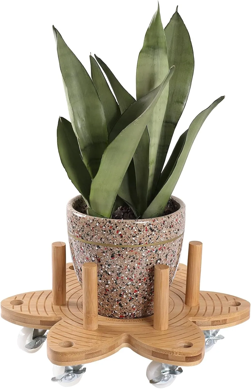 Plant Caddy with Wheels 14" Heavy Duty Plant Rollers for Flower Pot, Bamboo Planter Dolly Holder Lockable Casters for Indoor Outdoor