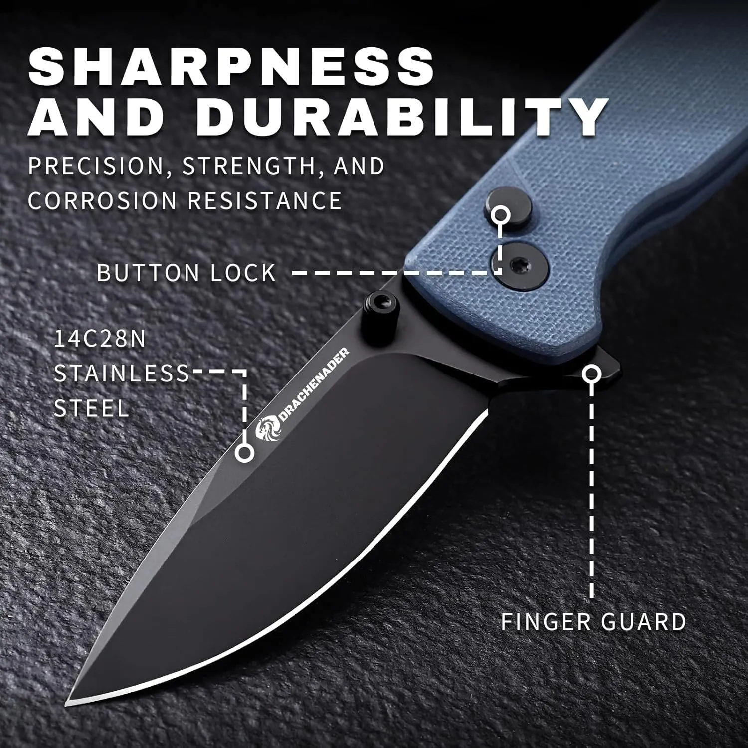 Pocket Knife for Men Y-M with 14C28N Steel Blade, Button Lock with Safety Switch, Blue G10 Handle, 7.28" Folding Knife with Clip and Sheath