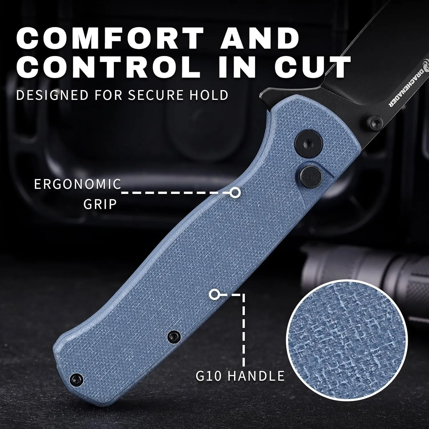 Pocket Knife for Men Y-M with 14C28N Steel Blade, Button Lock with Safety Switch, Blue G10 Handle, 7.28" Folding Knife with Clip and Sheath