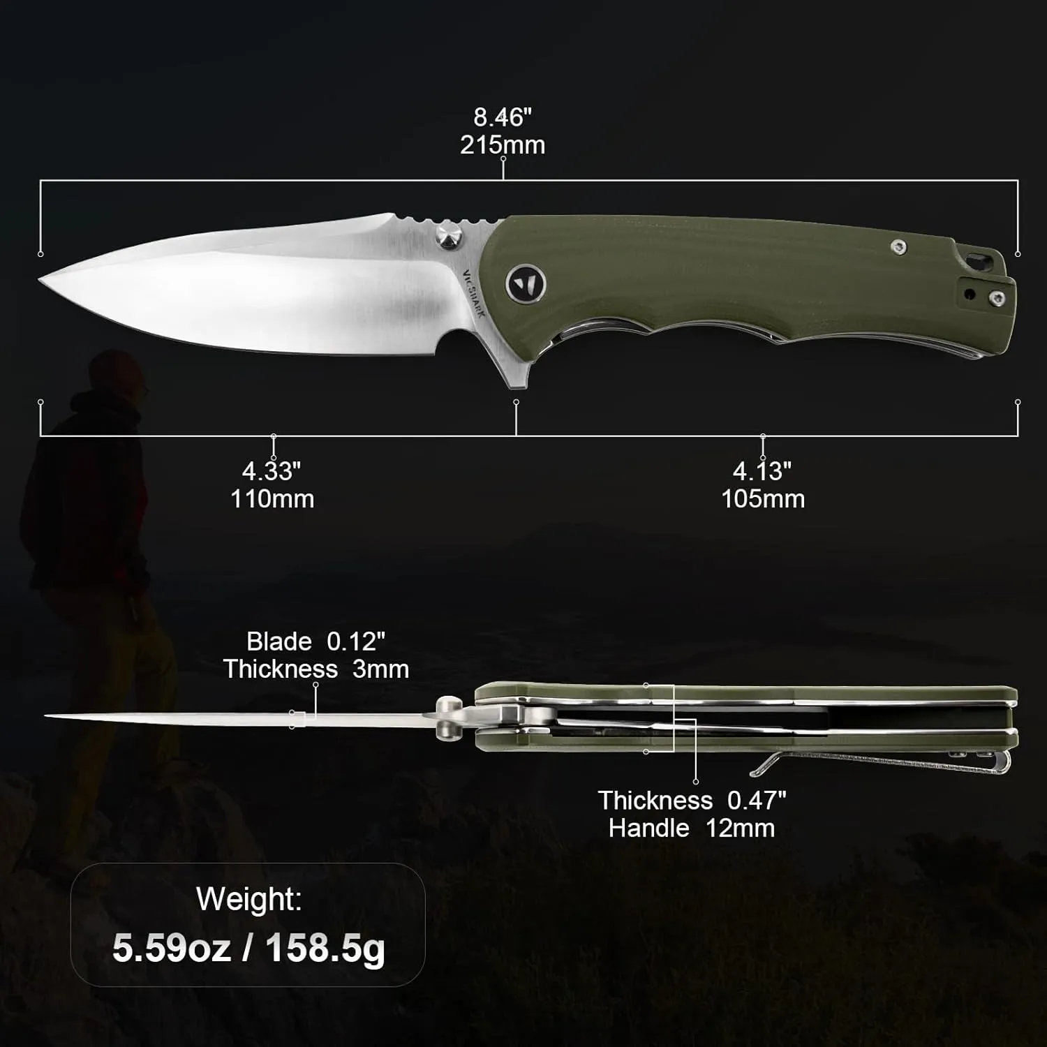 Pocket Knife Hunting knives knives for men Folding Knife D2 Steel Blade G10 Handle EDC Knife with Pocket Sharp Camping Survival Hiking Knives Army Green