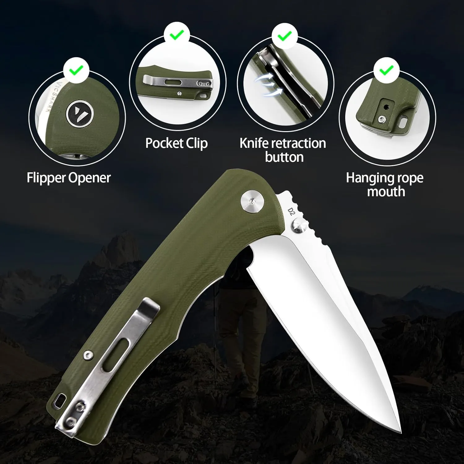 Pocket Knife Hunting knives knives for men Folding Knife D2 Steel Blade G10 Handle EDC Knife with Pocket Sharp Camping Survival Hiking Knives Army Green