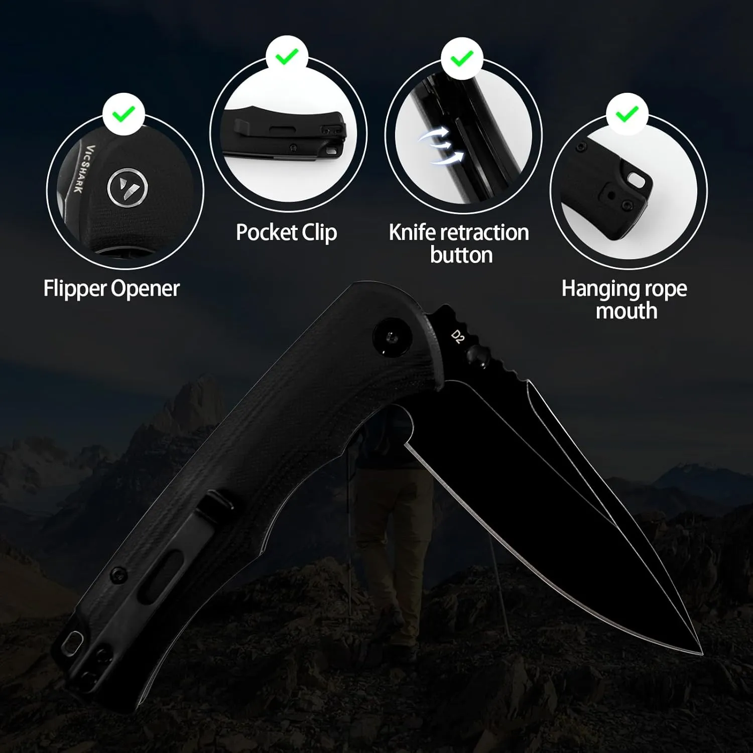 Pocket Knife Hunting knives knives for men Folding Knife D2 Steel Blade G10 Handle EDC Knife with Pocket Sharp Camping Survival Hiking Knives Black