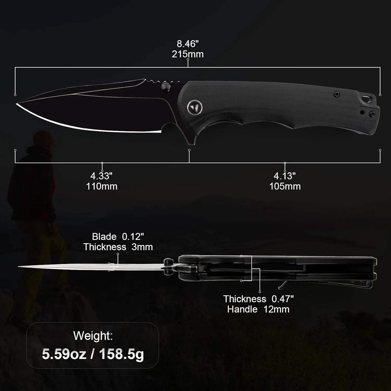 Pocket Knife Hunting knives knives for men Folding Knife D2 Steel Blade G10 Handle EDC Knife with Pocket Sharp Camping Survival Hiking Knives Black