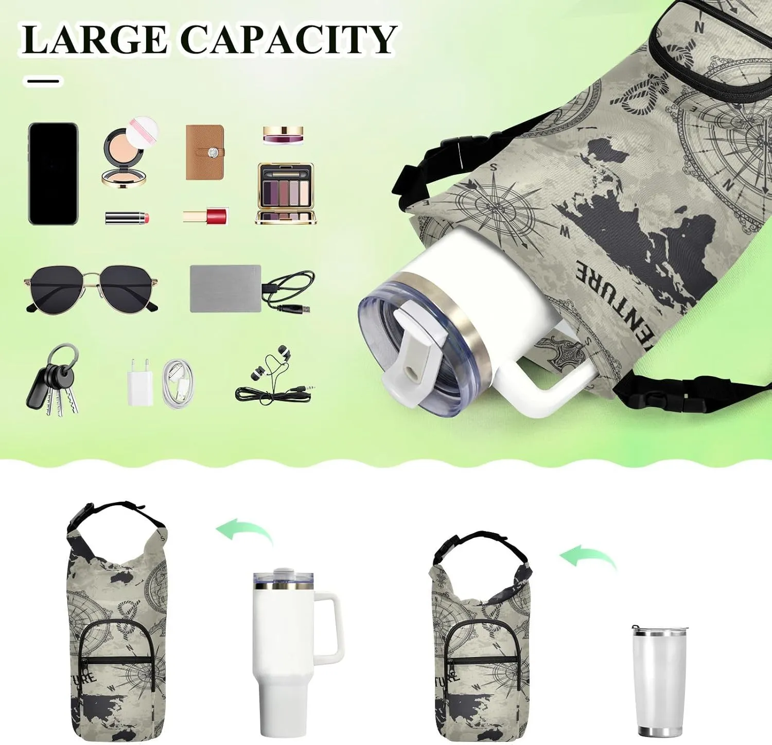 Poeticcity Water Bottle Sling Sleeve Bag, Bottle Carrier Holder Case Cover with Removable Strap Travel Cup Mug Storage with Pockets Seamless Retro Globe, Compass, World Map, Wind Rose Big Adventure