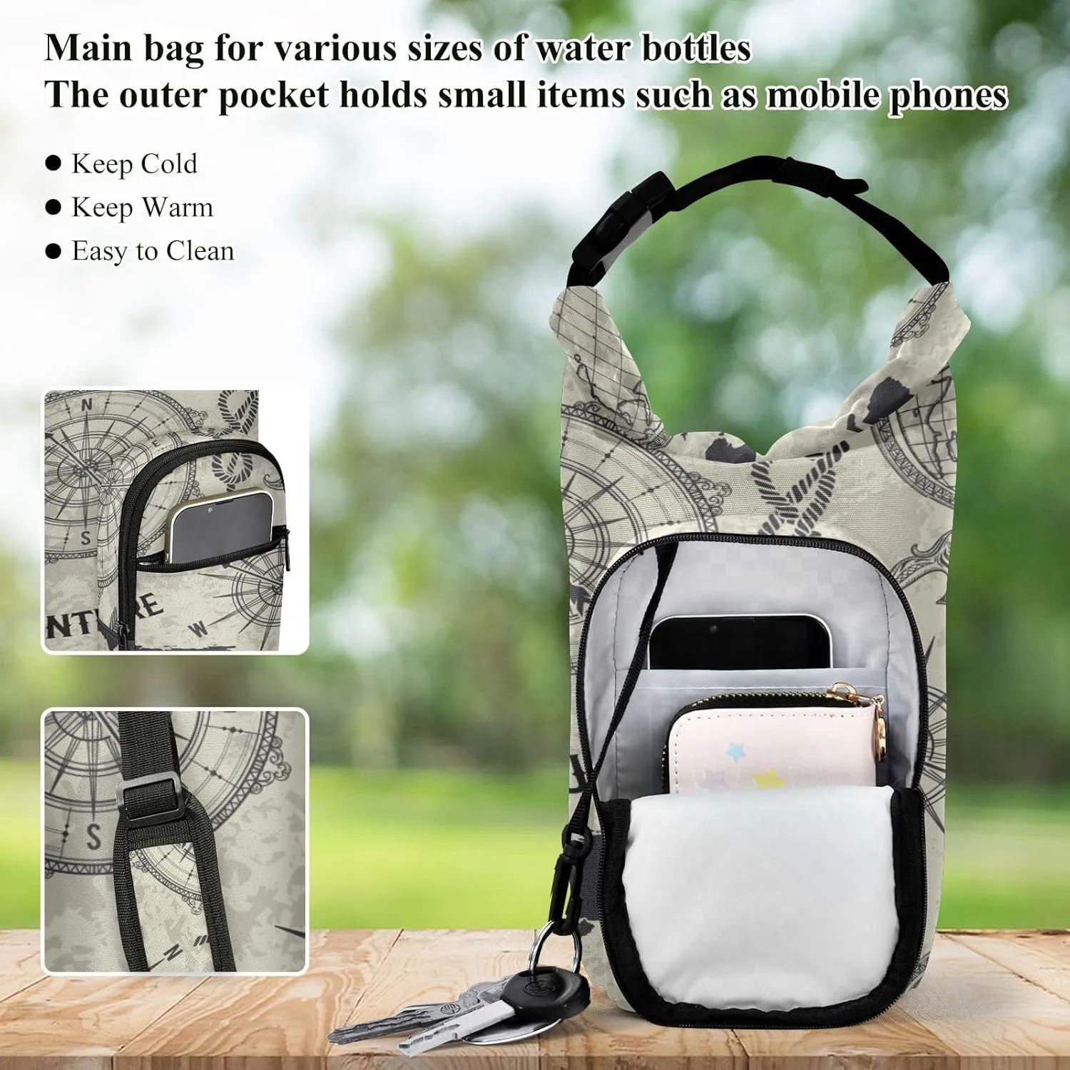 Poeticcity Water Bottle Sling Sleeve Bag, Bottle Carrier Holder Case Cover with Removable Strap Travel Cup Mug Storage with Pockets Seamless Retro Globe, Compass, World Map, Wind Rose Big Adventure