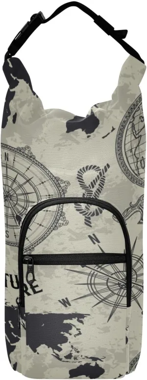 Poeticcity Water Bottle Sling Sleeve Bag, Bottle Carrier Holder Case Cover with Removable Strap Travel Cup Mug Storage with Pockets Seamless Retro Globe, Compass, World Map, Wind Rose Big Adventure
