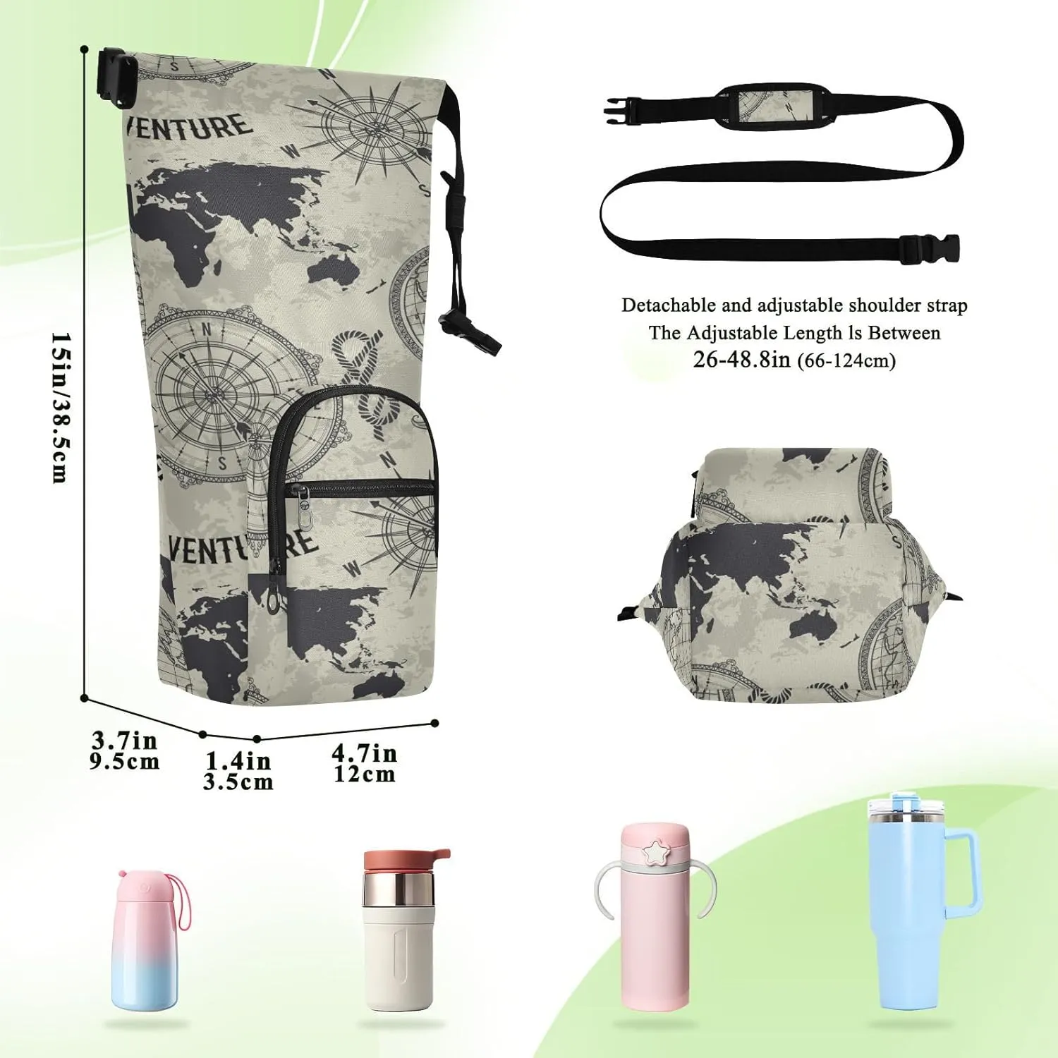 Poeticcity Water Bottle Sling Sleeve Bag, Bottle Carrier Holder Case Cover with Removable Strap Travel Cup Mug Storage with Pockets Seamless Retro Globe, Compass, World Map, Wind Rose Big Adventure