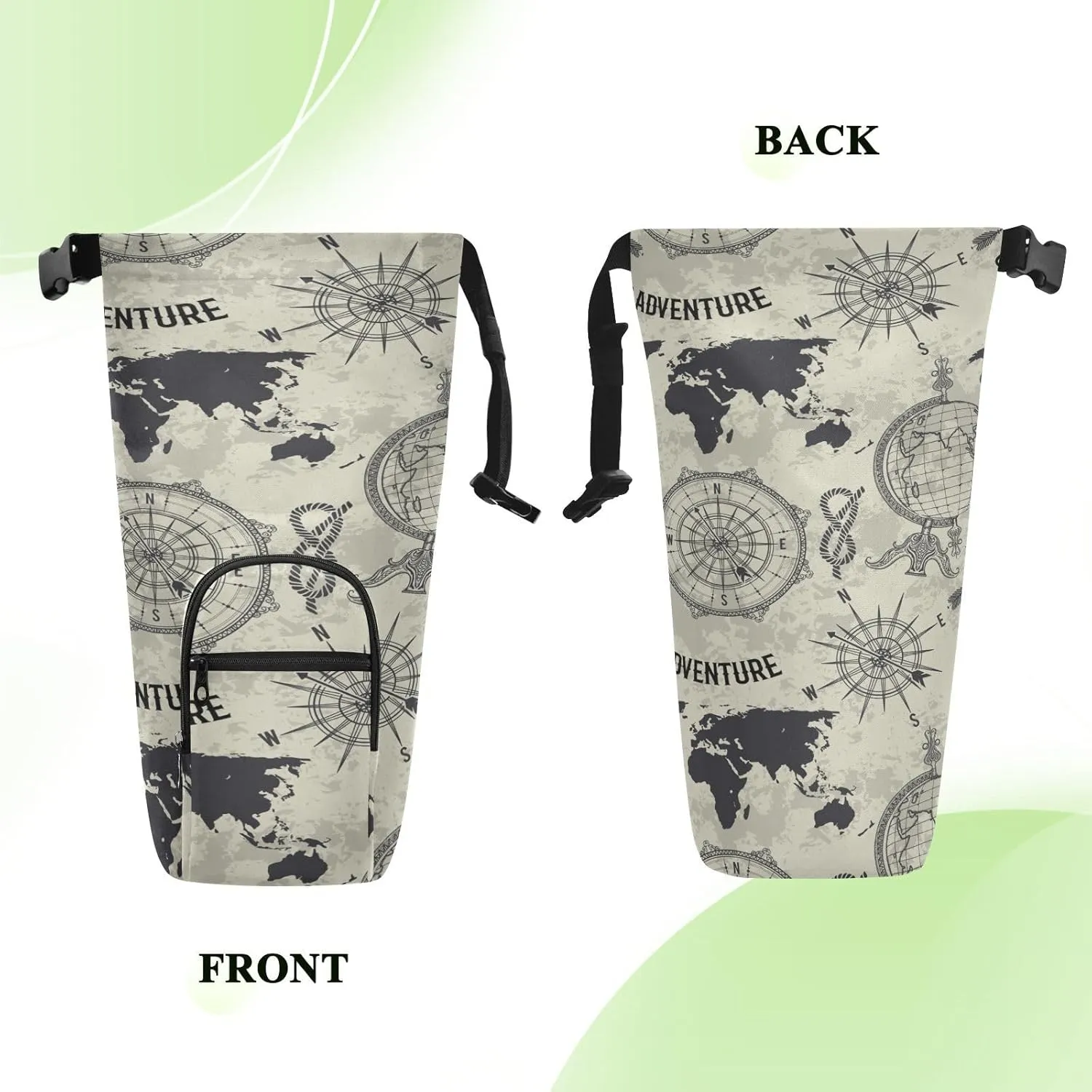 Poeticcity Water Bottle Sling Sleeve Bag, Bottle Carrier Holder Case Cover with Removable Strap Travel Cup Mug Storage with Pockets Seamless Retro Globe, Compass, World Map, Wind Rose Big Adventure