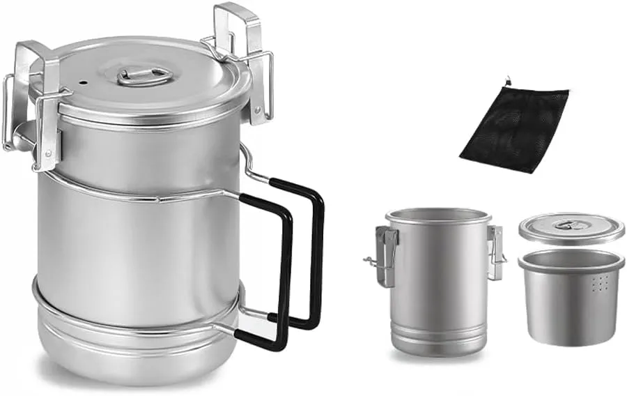 Portable 304 Stainless Steel Camping Cooking Pot Large Capacity Multi-Functional Steaming Pot with Removable Handle,Camping Cooking Pot