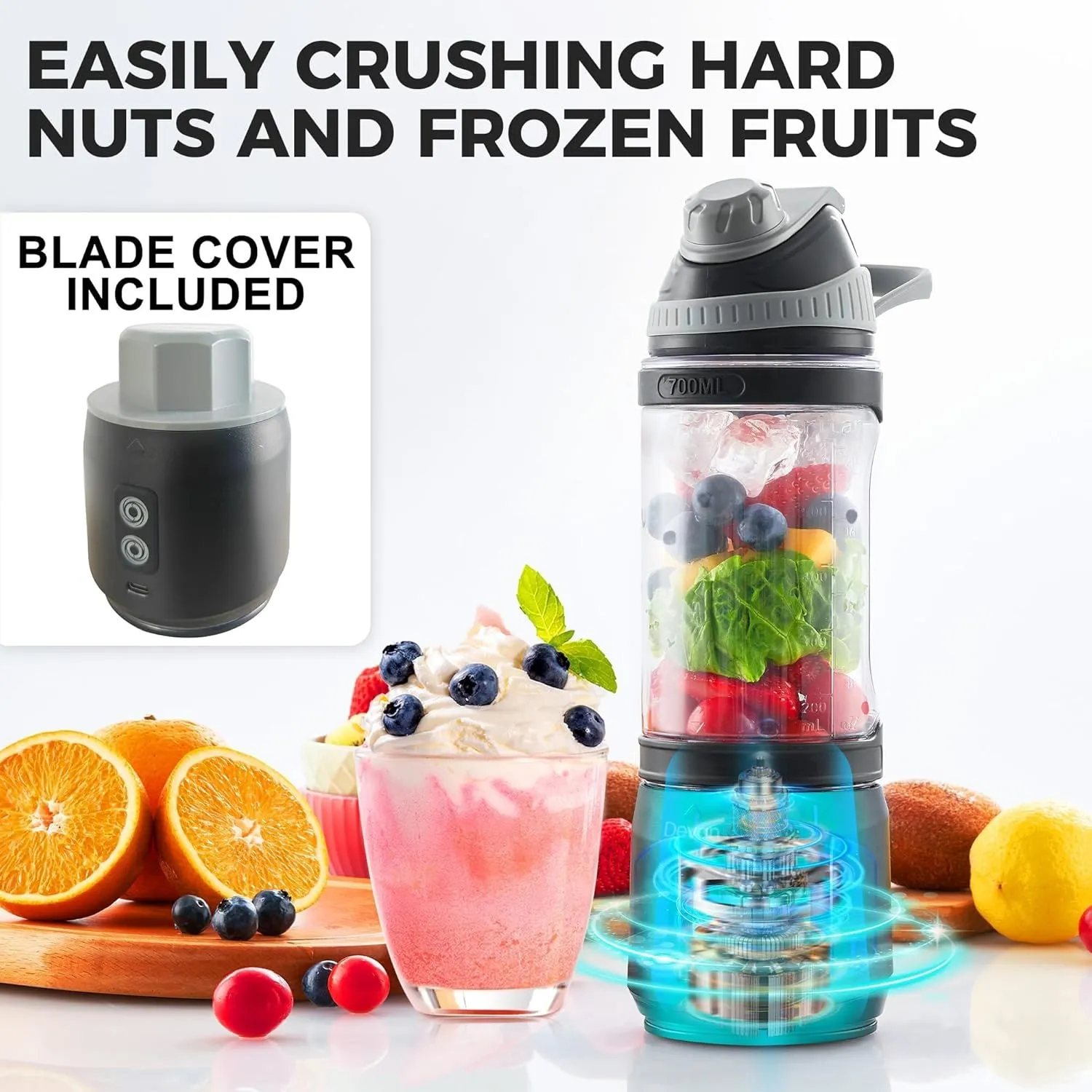 Portable Blender for Smoothies and Shakes with Insulated Sleeve, Anti-Jamming, 24oz USB-C Rechargeable, BPA-Free, Electric Protein Shaker Bottle with Travel Lid for Kitchen, Gym & Office.