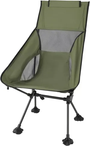 Portable High Back Camping Chair, Army Green Mesh Design, Adjustable Legs, 250 lbs Capacity