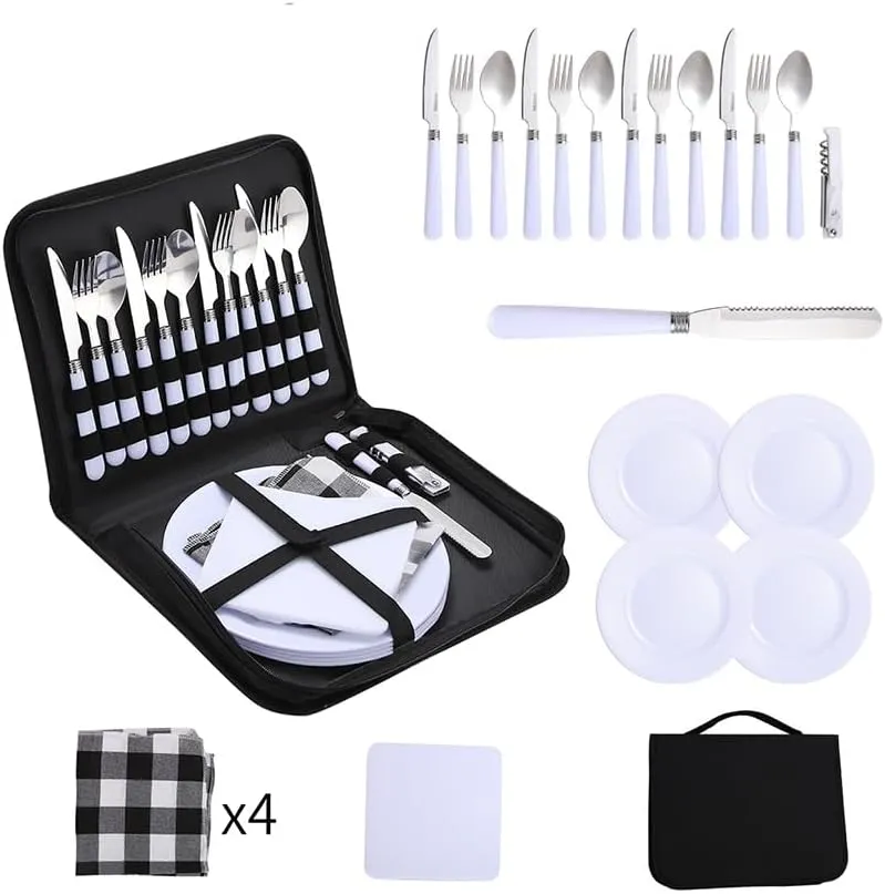Portable Stainless Steel Tableware Set for 4, Ideal for Outdoor Camping with Storage Bag,Knife, Fork, Spoon and Plate Set