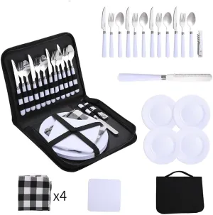 Portable Stainless Steel Tableware Set for 4, Ideal for Outdoor Camping with Storage Bag,Knife, Fork, Spoon and Plate Set