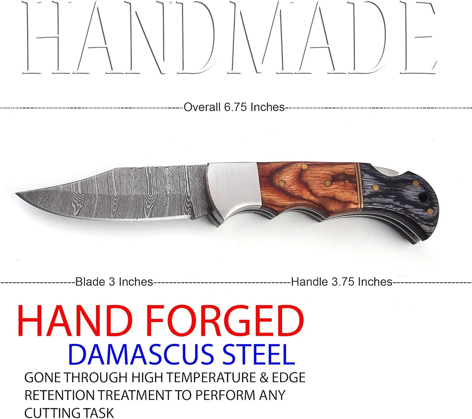 Poshland Steelware Custom Damascus Steel Folding Pocket Knife – Handmade, Compact for Outdoor, Camping, Hiking and Hunting– Back Lock, Durable Damascus Blade for Everyday Carry