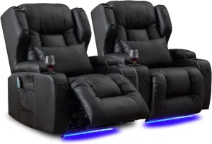 Power Recliner Chair Set of 2 Overstuffed Home Theater Seating w/Heat Massage Electric Movie Gaming Sofa Reclining Sleeper Chair with LED Light/Lumbar Pillow/USB Port/Cup Holders