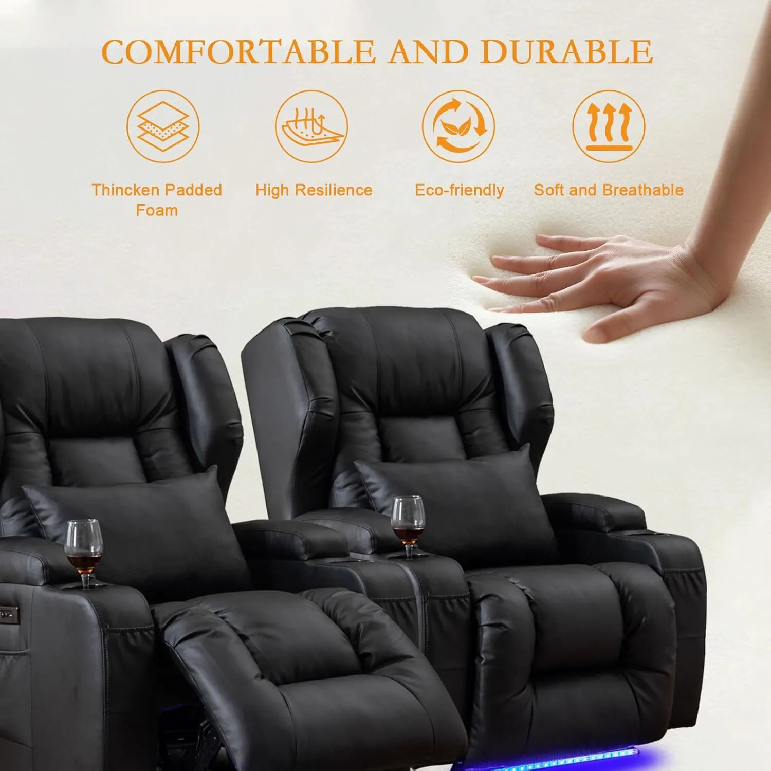 Power Recliner Chair Set of 2 Overstuffed Home Theater Seating w/Heat Massage Electric Movie Gaming Sofa Reclining Sleeper Chair with LED Light/Lumbar Pillow/USB Port/Cup Holders