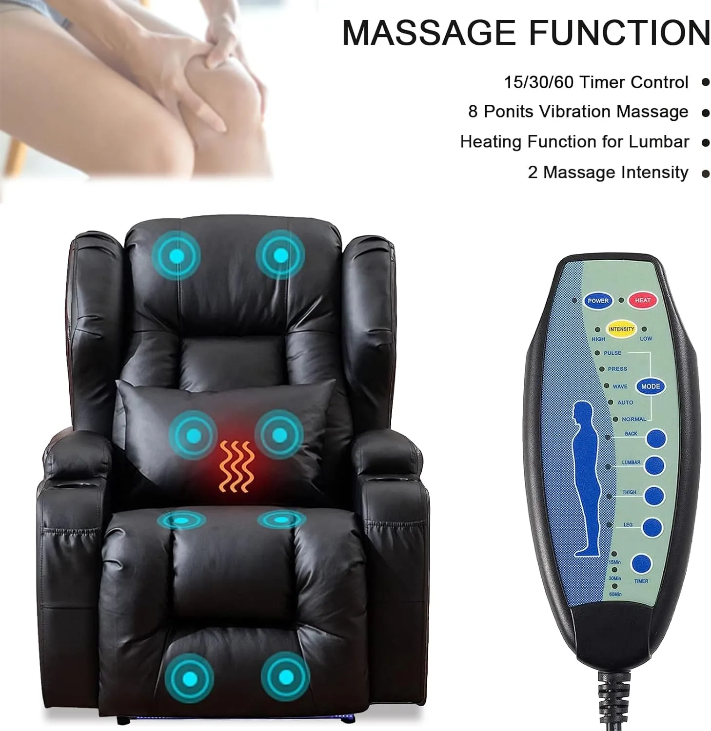 Power Recliner Chair Set of 2 Overstuffed Home Theater Seating w/Heat Massage Electric Movie Gaming Sofa Reclining Sleeper Chair with LED Light/Lumbar Pillow/USB Port/Cup Holders