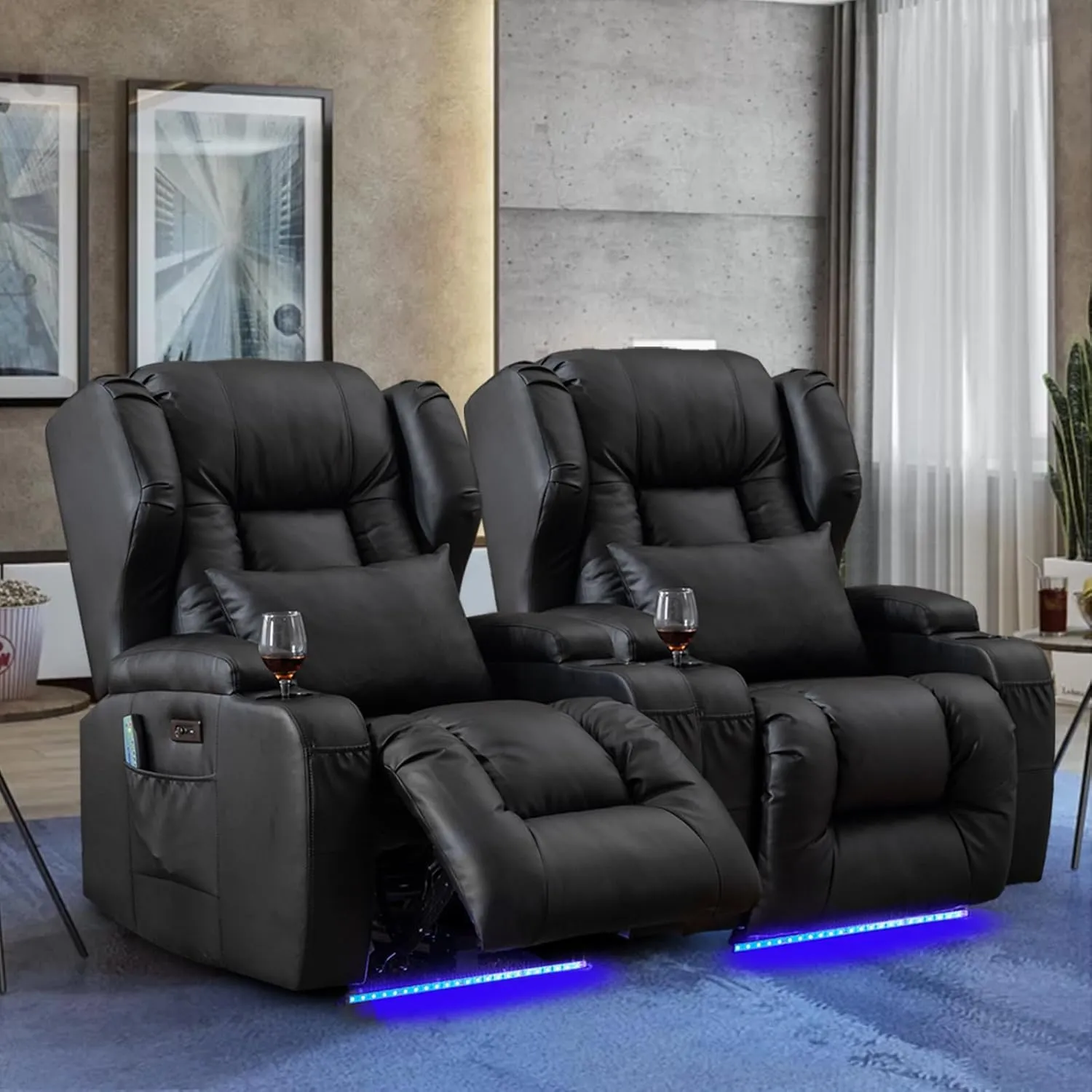 Power Recliner Chair Set of 2 Overstuffed Home Theater Seating w/Heat Massage Electric Movie Gaming Sofa Reclining Sleeper Chair with LED Light/Lumbar Pillow/USB Port/Cup Holders