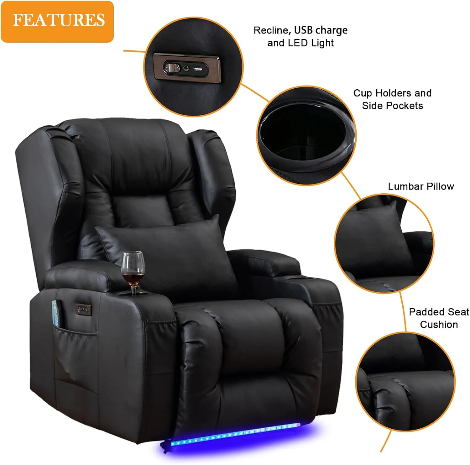 Power Recliner Chair Set of 2 Overstuffed Home Theater Seating w/Heat Massage Electric Movie Gaming Sofa Reclining Sleeper Chair with LED Light/Lumbar Pillow/USB Port/Cup Holders