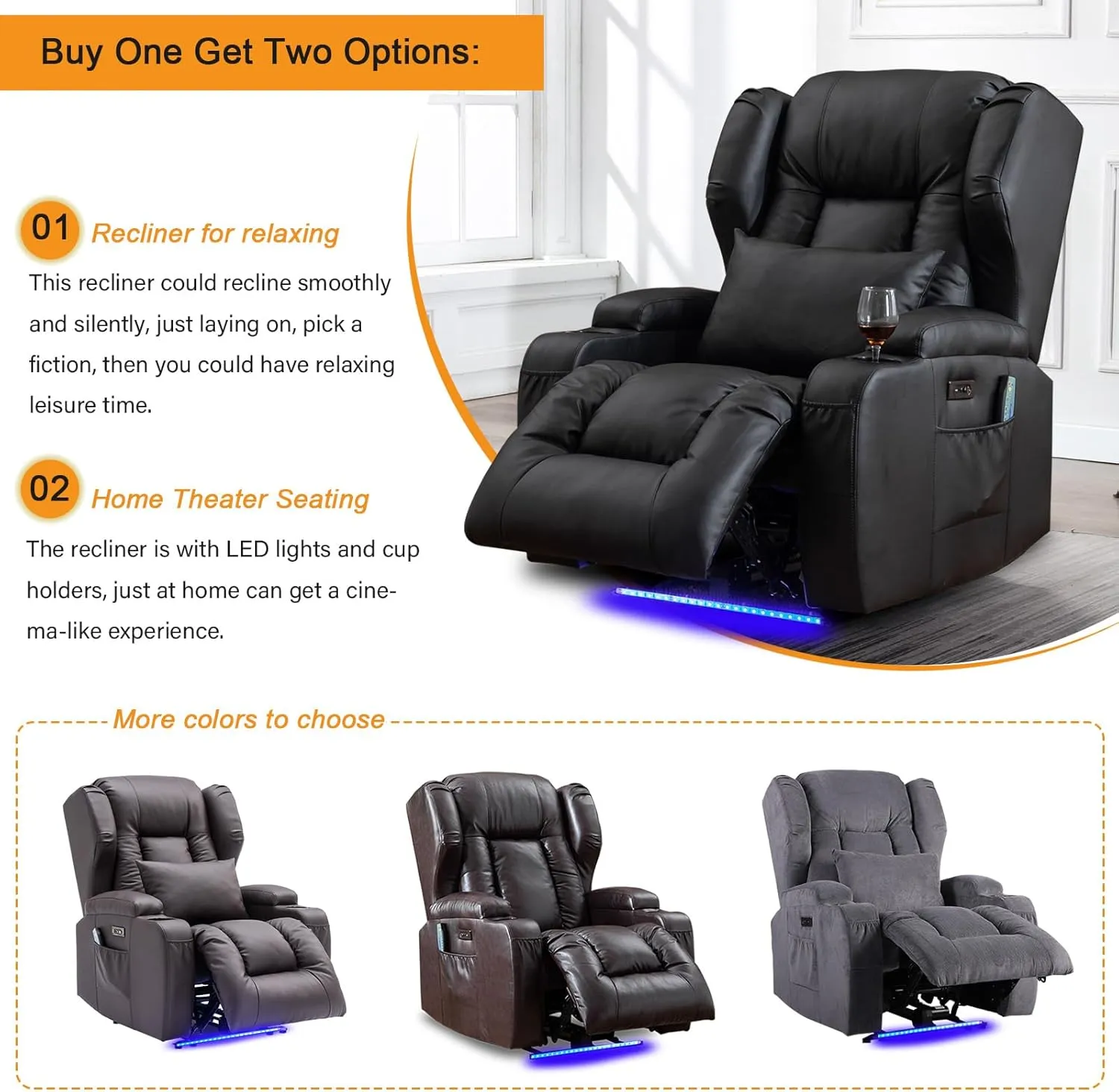 Power Recliner Chair Set of 2 Overstuffed Home Theater Seating w/Heat Massage Electric Movie Gaming Sofa Reclining Sleeper Chair with LED Light/Lumbar Pillow/USB Port/Cup Holders