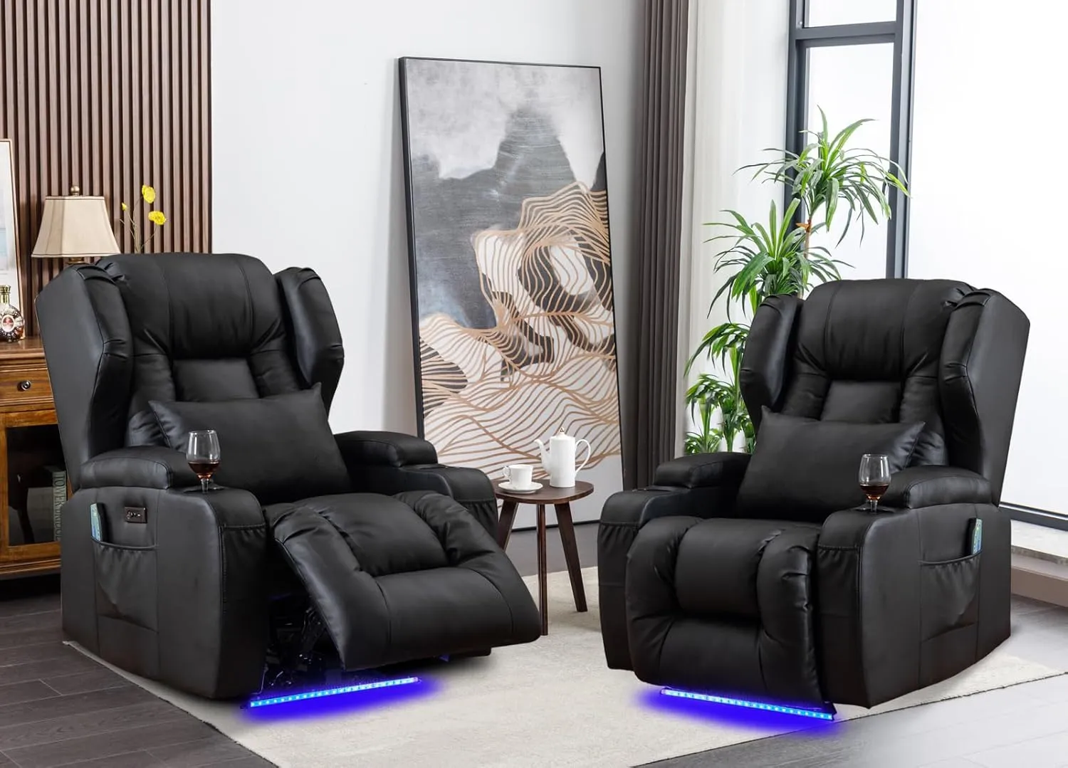Power Recliner Chair Set of 2 Overstuffed Home Theater Seating w/Heat Massage Electric Movie Gaming Sofa Reclining Sleeper Chair with LED Light/Lumbar Pillow/USB Port/Cup Holders