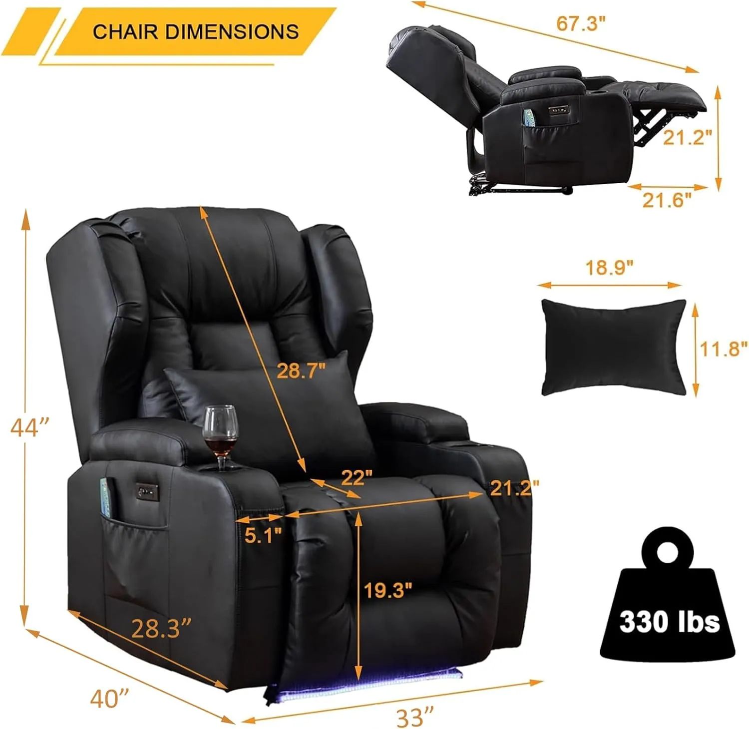 Power Recliner Chair Set of 2 Overstuffed Home Theater Seating w/Heat Massage Electric Movie Gaming Sofa Reclining Sleeper Chair with LED Light/Lumbar Pillow/USB Port/Cup Holders
