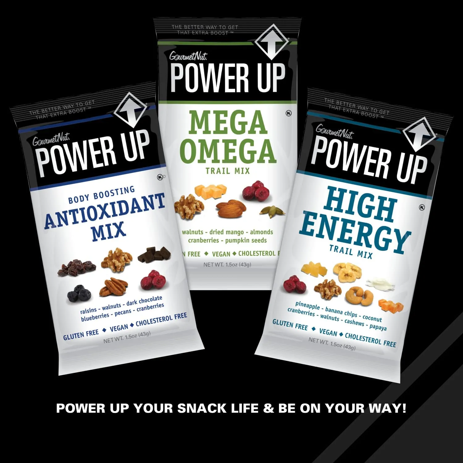 Power Up Premium Trail Mix - Variety Pack 24pk - 1.5oz: Antioxidant, Mega Omega, High Energy - Gluten Free, Vegan, Non-GMO