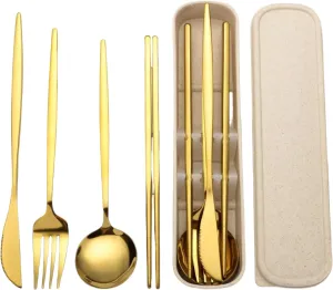 Premium Travel Flatware Set,4 Pieces Golden Stainless Steel Flatware with Eco-Friendly Storage Case,Reusable, Portable Camping and Office Essentials