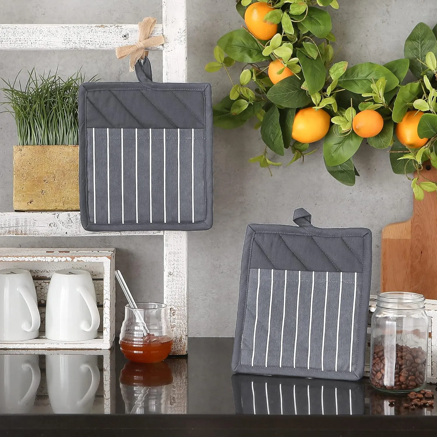 Professional and Commercial Grade, Chef Stripe Kitchen, Potholders, Gray