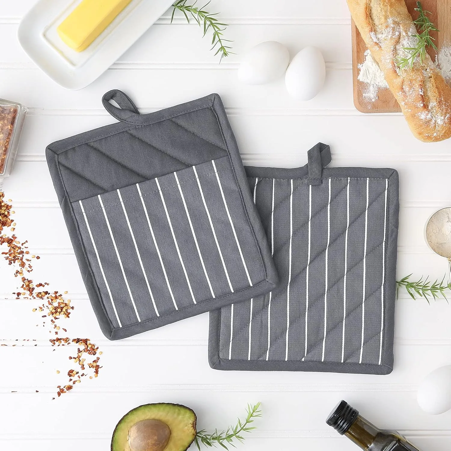Professional and Commercial Grade, Chef Stripe Kitchen, Potholders, Gray