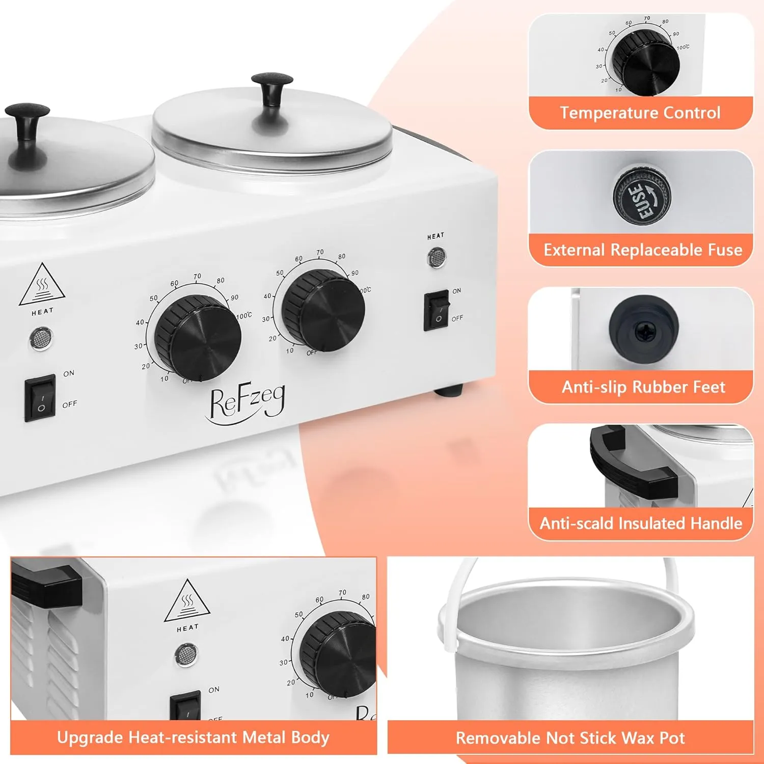 Professional Wax Warmer Double Pot Waxing Kit Heater Machine for Painless Hair Removal, with Adjustable Temperature Set, 50pcs Sticks, 20pcs Protective Collars
