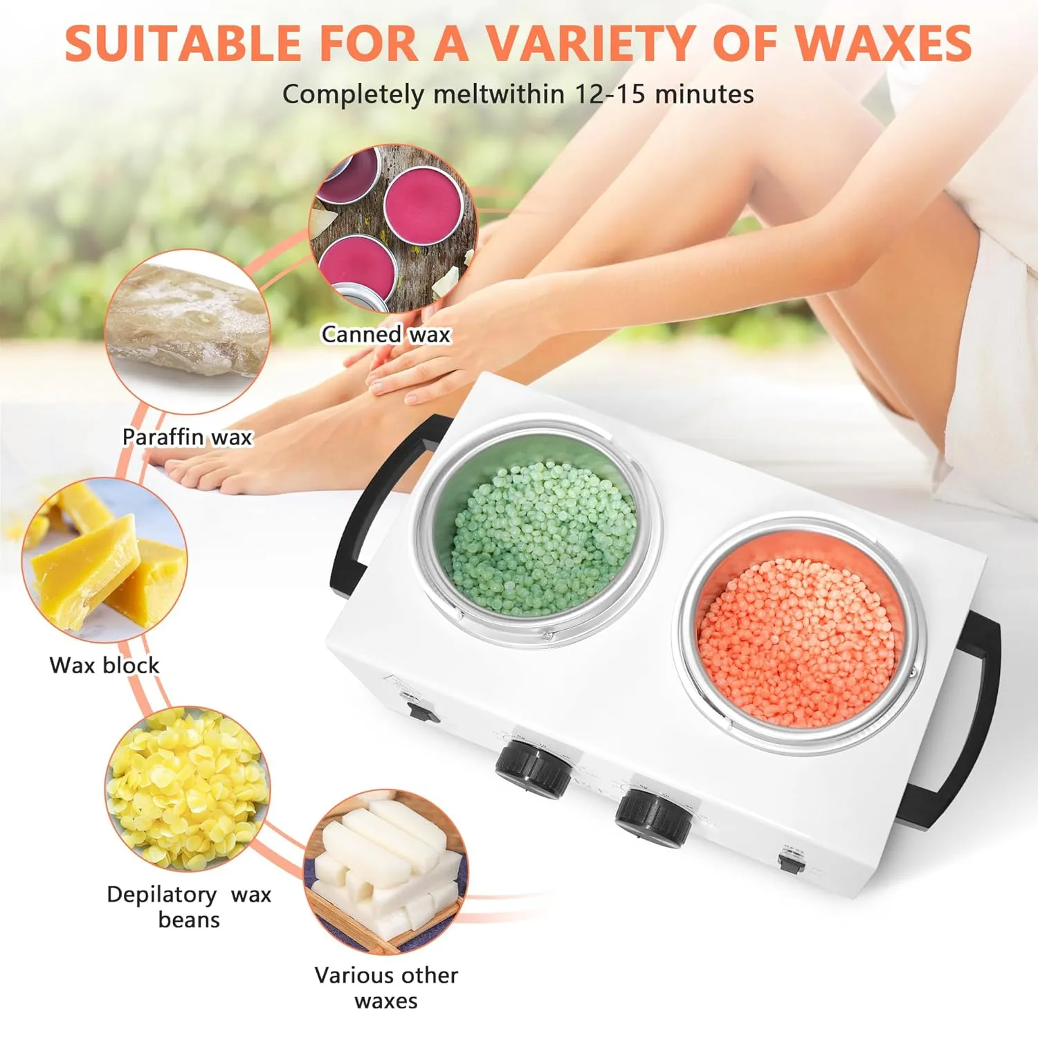 Professional Wax Warmer Double Pot Waxing Kit Heater Machine for Painless Hair Removal, with Adjustable Temperature Set, 50pcs Sticks, 20pcs Protective Collars