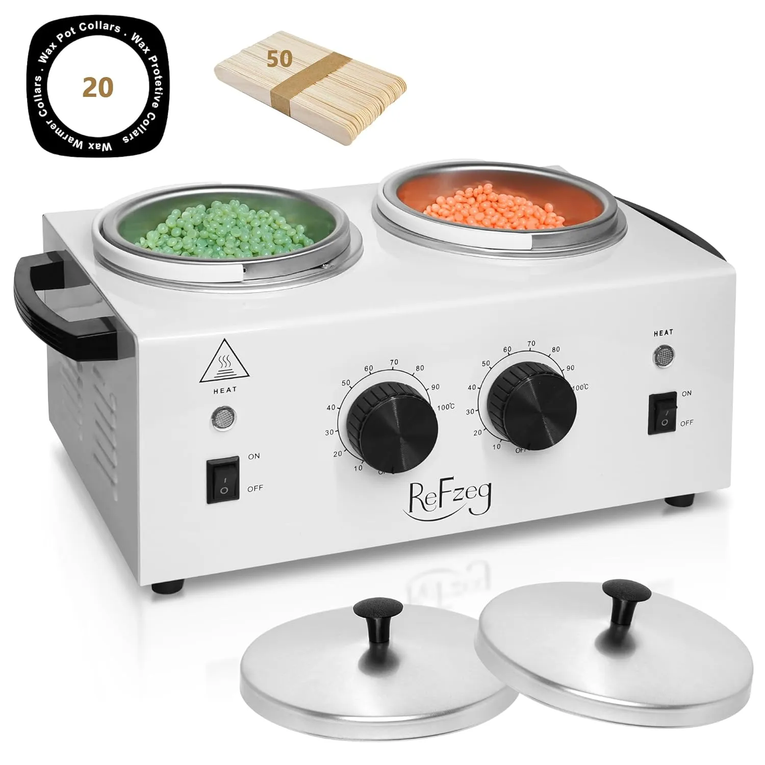 Professional Wax Warmer Double Pot Waxing Kit Heater Machine for Painless Hair Removal, with Adjustable Temperature Set, 50pcs Sticks, 20pcs Protective Collars