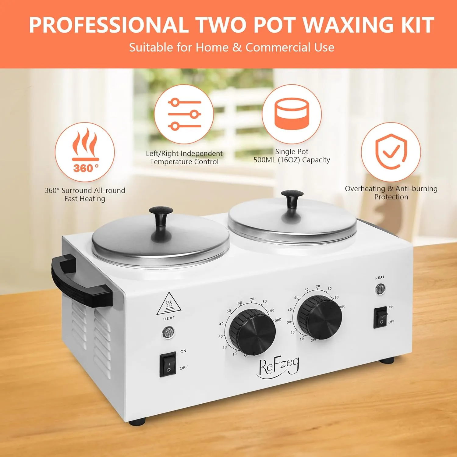 Professional Wax Warmer Double Pot Waxing Kit Heater Machine for Painless Hair Removal, with Adjustable Temperature Set, 50pcs Sticks, 20pcs Protective Collars