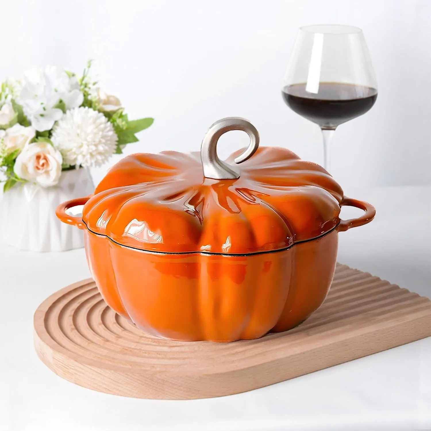 Pumpkin Cast Iron Dutch Oven, 4qt Pumpkin Cocotte, Pumpkin Shape Cooking Pot Enamel Pot, Pumpkin Pot with Lid, Stew Pot Soup Pot,Serves 3-5, Halloween Thanksgiving Decor Pot Gift