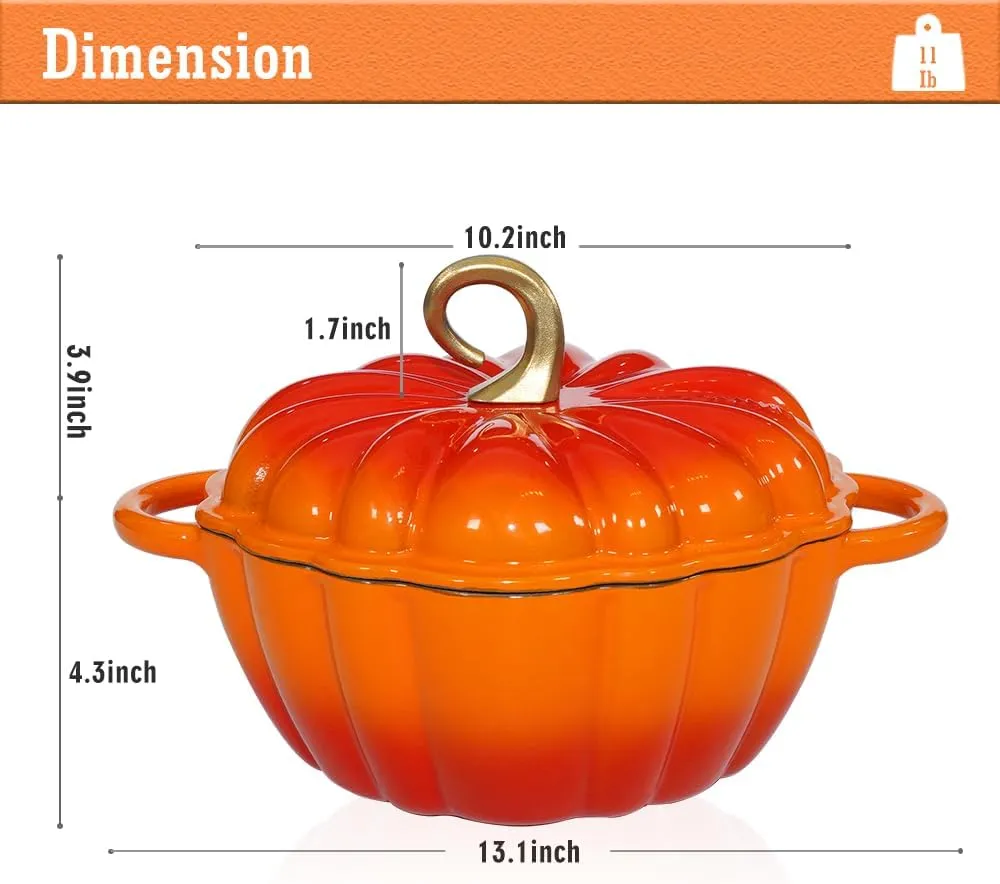 Pumpkin Dutch Oven 4.5 QT With Lid - Orange Enamel Cast Iron Cooking Pot, Shape Soup Pot - Serves 3-5 - Christmas Thanksgiving Decor Gift