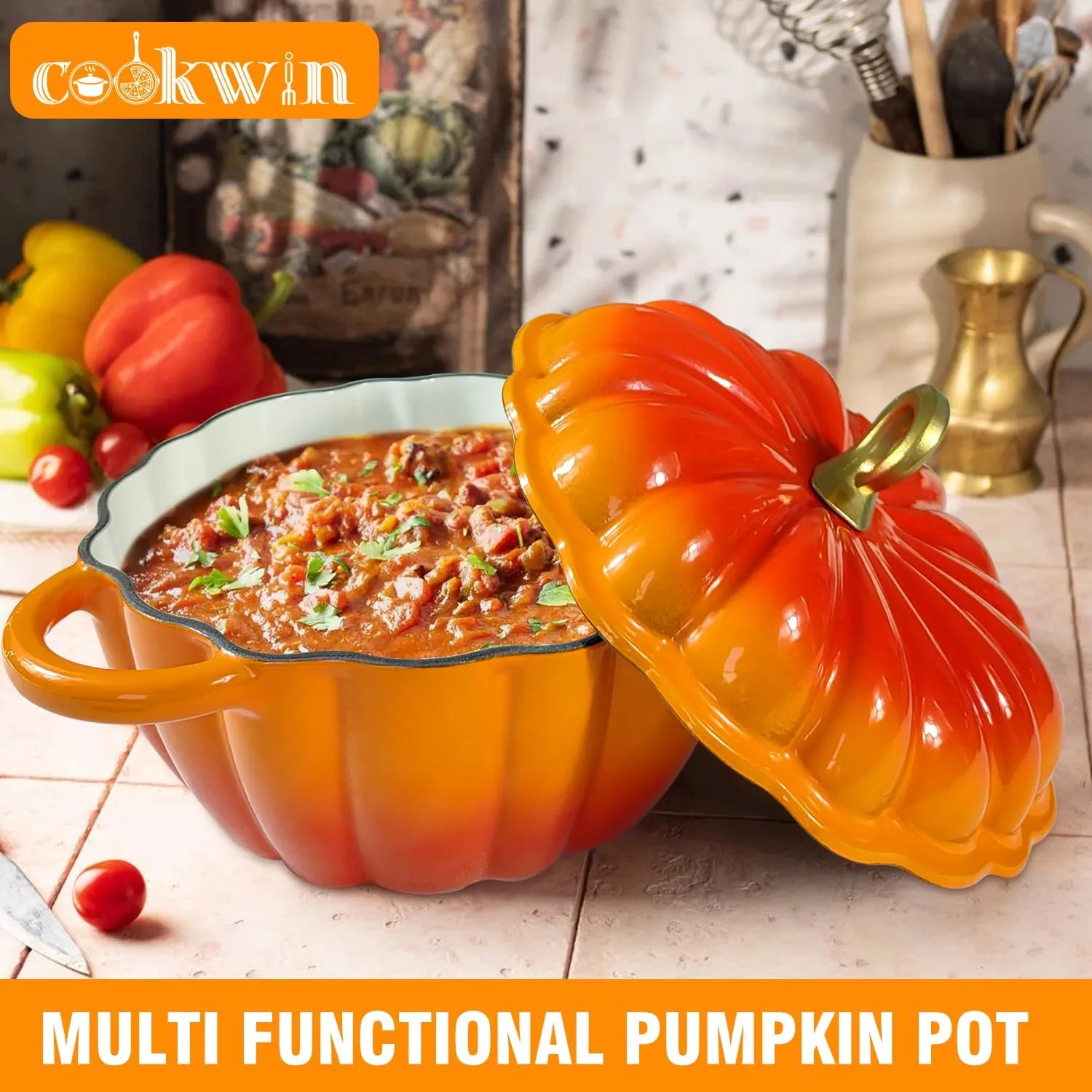 Pumpkin Dutch Oven 4.5 QT With Lid - Orange Enamel Cast Iron Cooking Pot, Shape Soup Pot - Serves 3-5 - Christmas Thanksgiving Decor Gift