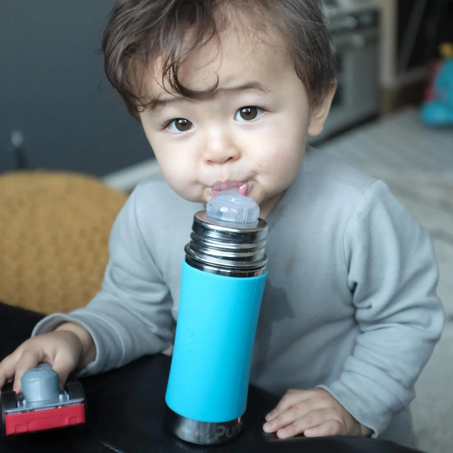 Pura Kiki 11oz/325ml Stainless Steel Straw Bottle w/Sleeve, 100% Plastic-Free, MadeSafe Certified, 100% Medical-Grade Silicone Straw for Kids, Toddlers, Preschoolers, Babies & Infant - New Moss